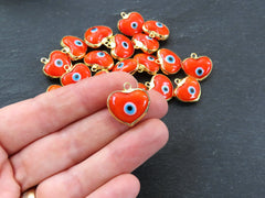 Orange Heart Evil Eye Charm Pendant, Glass Lampwork Evil Eye, Amulet, Protective, Lucky, Handmade, 22k Shiny Gold Plated Bezel 1pc