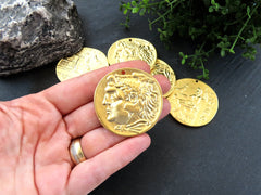 Gold Roman Coin Pendant Charm, Hercules Coin Replica Coin Medallion, Ancient Greek Coin, 22k Matte Gold Plated, 1pc