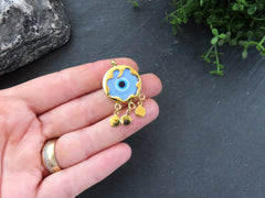 Blue Evil Eye Charm Gold Bezel Pendant, Glass Evil Eye Lampwork Amulet, Dangle Pendant, Protective, Lucky, Handmade, 1pc, Cornflower