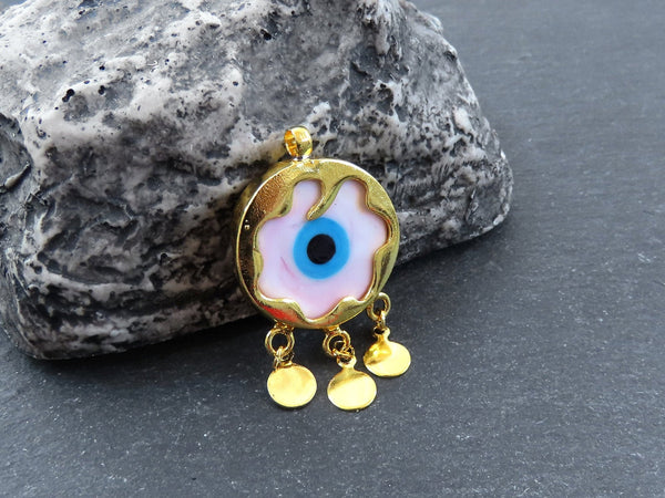Pink Evil Eye Charm Gold Bezel Pendant, Glass Evil Eye Lampwork Amulet, Dangle Pendant, Protective, Lucky, Handmade, 1pc, Soft Pink