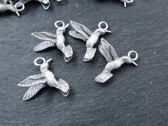 Flying Kingfisher Bird Pendant Charms, Three Dimensional, Matte Antique Silver Plated Brass, 21x20mm, 4pcs