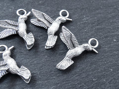 Flying Kingfisher Bird Pendant Charms, Three Dimensional, Matte Antique Silver Plated Brass, 21x20mm, 4pcs