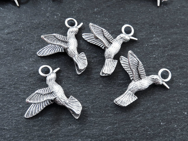 Flying Kingfisher Bird Pendant Charms, Three Dimensional, Matte Antique Silver Plated Brass, 21x20mm, 4pcs