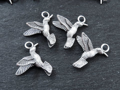 Flying Kingfisher Bird Pendant Charms, Three Dimensional, Matte Antique Silver Plated Brass, 21x20mm, 4pcs