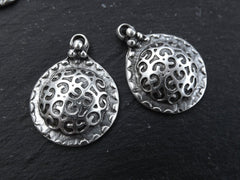 2 Ethnic Curl Dome Pendant, Artisan Tribal Pendant, Rustic Pendant, Boho Jewelry Making Supplies, Antique Silver, 2pcs