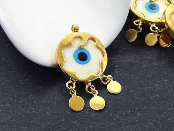 Cream Evil Eye Charm Gold Bezel Pendant, Glass Evil Eye Lampwork Amulet, Dangle Pendant, Protective, Lucky, Handmade, 1pc, Creamy White