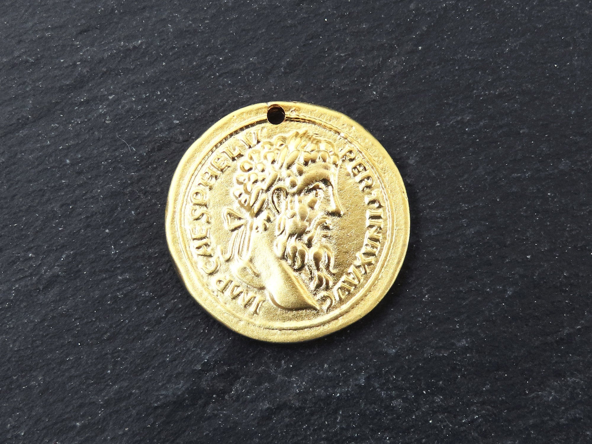 Gold Roman Coin Pendant Charm, Caesphel Replica Coin Medallion, Ancient Greek Coin, Chariot Four Horses, 22k Matte Gold Plated, 1pc
