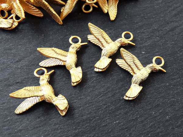 4 Flying Kingfisher Bird Pendant Charms, Three Dimensional, 22k Matte Gold Plated Brass, 21x20mm, 4pcs