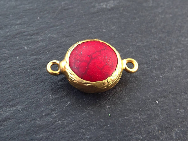 Small 14mm Red Dyed Turquoise Connector - 22k Matte Gold plated Bezel - 1pc