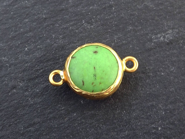 Small 14mm Green Dyed Turquoise Connector - 22k Matte Gold plated Bezel - 1pc