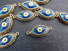 Evil Eye Charm Bracelet Connector, Blue Elipse Eye Pendant, Protective Talisman, Black Rhinestone Pave, Shiny 22k Gold Plated, 1PC