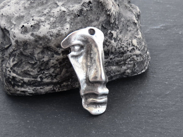 Silver Mask Pendant, Face Silhouette Mask, Ancient Abstract Face Necklace Earring Eye Pendant, Matte Antique Silver Plated, 40x21mm, 1pc