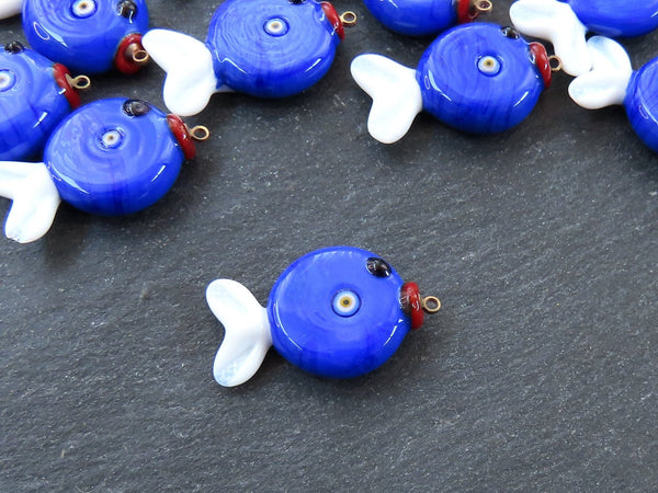 Glass Fish Charm Pendant, Good Luck Bead, Evil Eye Amulet, Murano, Kismet Beads, Lucky, Handmade, Blue, 1pc