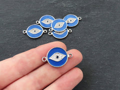 Evil Eye Enamel Charm Pendant Connector, Royal Blue Evil Eye CZ Rhinestone Pendant, Good Luck Charm, Silver Plated