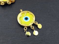 Yellow Evil Eye Charm Gold Bezel Pendant, Glass Evil Eye Lampwork Amulet, Dangle Pendant, Protective, Lucky, Handmade, 1pc