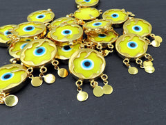 Yellow Evil Eye Charm Gold Bezel Pendant, Glass Evil Eye Lampwork Amulet, Dangle Pendant, Protective, Lucky, Handmade, 1pc