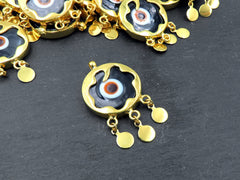 Black Evil Eye Charm Gold Bezel Pendant, Glass Evil Eye Lampwork Amulet, Dangle Pendant, Protective, Lucky, Handmade, 1pc