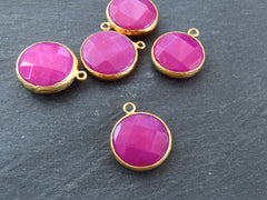 22mm Pink Faceted Jade Pendant - 22k Gold plated Bezel - 1pc