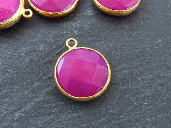 22mm Pink Faceted Jade Pendant - 22k Gold plated Bezel - 1pc
