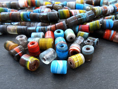Marbled Artisan Ethnic Glass Beads, Tube Barrel Turkish Handmade Beads, Multicolored Chunky Tribal Bead, 10pcs