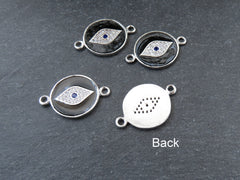 Enamel Evil Eye Charm Pendant Connector, Black Evil Eye CZ Rhinestone Pendant, Good Luck Charm, Silver Plated