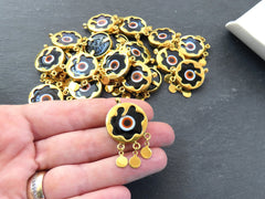 Black Evil Eye Charm Gold Bezel Pendant, Glass Evil Eye Lampwork Amulet, Dangle Pendant, Protective, Lucky, Handmade, 1pc