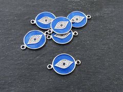 Evil Eye Enamel Charm Pendant Connector, Royal Blue Evil Eye CZ Rhinestone Pendant, Good Luck Charm, Silver Plated