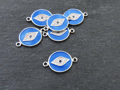 Evil Eye Enamel Charm Pendant Connector, Royal Blue Evil Eye CZ Rhinestone Pendant, Good Luck Charm, Silver Plated