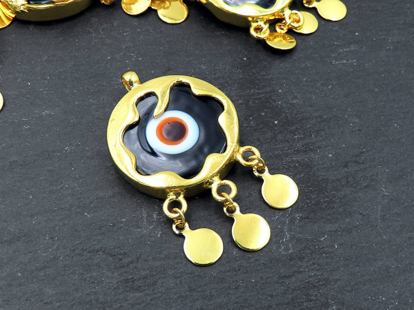 Black Evil Eye Charm Gold Bezel Pendant, Glass Evil Eye Lampwork Amulet, Dangle Pendant, Protective, Lucky, Handmade, 1pc