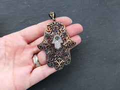 Bronze Hamsa Pendant, Hand of Fatima Floral Pendant, Red Green Crystal Accents, Antique Bronze Plated - 1PC - No:1