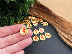 5 Lucky Fish Charm Pendants, Red Enamel Good Luck Charm, Round Coin Charm, 22k Shiny Gold Plated, 5pcs