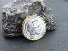 Greek Coin Pendant Gold Frame Bezel, Athena and Owl Amphora Coin, Medallion Charm, Ancient Greek Coin, Shiny Gold, Antique Silver Plated