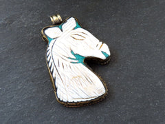 Conch Shell Horse Pendant, Nepalese Handmade, Carved Shell Pendant, Turquoise Stone, Antique Brass - No:1
