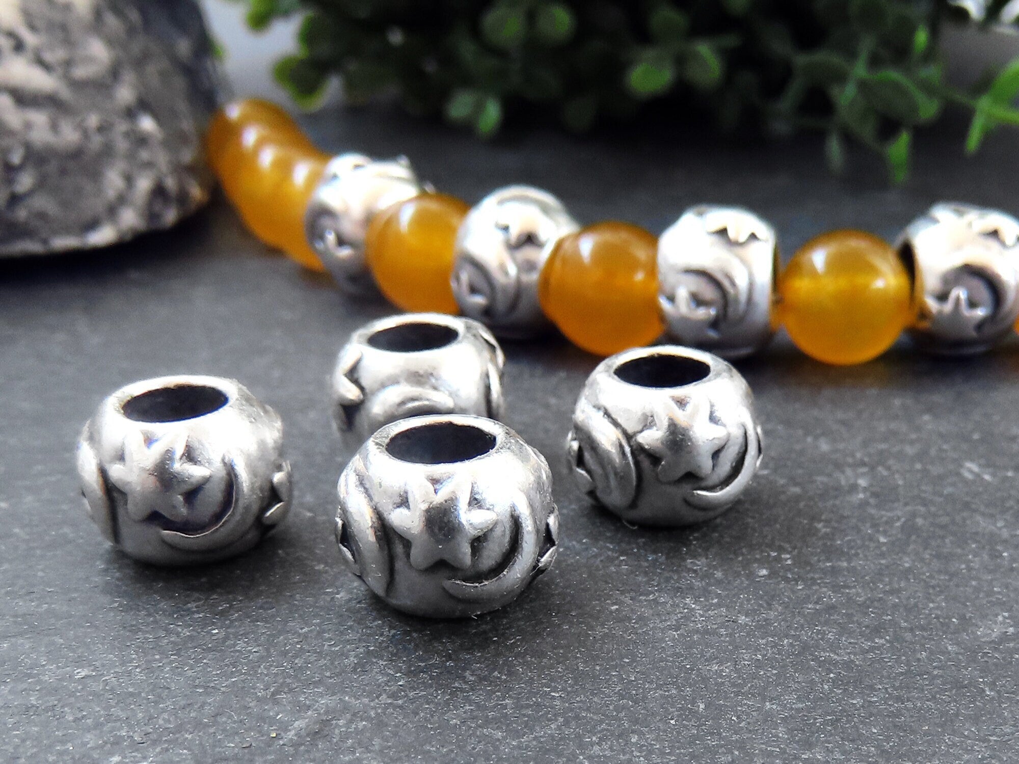 Star Moon Silver Bead Spacers, Round Rustic Beads, Greek Mykonos Silver Bead, Tarnish Resistant Beads, Matte Silver Plated, 4pc