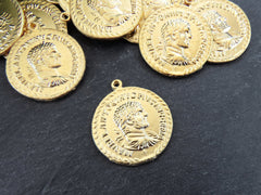 Roman Coin Pendant Charm, Laurel Bust Coin Medallion, Ancient Greek Coin, Chariot Four Horses, 22k Matte Gold Plated, 1pc