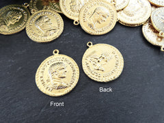 Roman Coin Pendant Charm, Laurel Bust Coin Medallion, Ancient Greek Coin, Chariot Four Horses, 22k Matte Gold Plated, 1pc