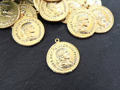 Roman Coin Pendant Charm, Laurel Bust Coin Medallion, Ancient Greek Coin, Chariot Four Horses, 22k Matte Gold Plated, 1pc