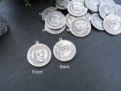 Silver Roman Coin Pendant Charm, Laurel Bust Coin Medallion, Ancient Greek Coin, Chariot Four Horses, Matte Antique Silver Plated, 1pc