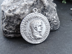 Silver Roman Coin Pendant Charm, Laurel Bust Coin Medallion, Ancient Greek Coin, Chariot Four Horses, Matte Antique Silver Plated, 1pc