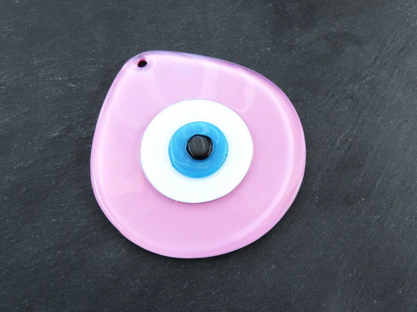 Pink Evil Eye Glass Pendant Bead, Fused Glass Artisan Handmade Turkish Nazar Protective Symbol Talisman Jewelry Design Home Decor 13cm