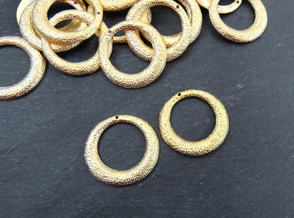 Hammered Hoops Pendants, Circle Components for Earrings, Round Necklace Pendant, Rustic Dotted Hammered, 22k Matte Gold Plated 2pc