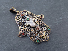 Bronze Hamsa Pendant, Hand of Fatima Floral Pendant, Red Green Crystal Accents, Antique Bronze Plated - 1PC - No:1
