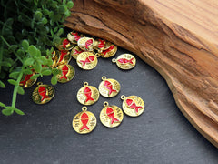 5 Lucky Fish Charm Pendants, Red Enamel Good Luck Charm, Round Coin Charm, 22k Shiny Gold Plated, 5pcs