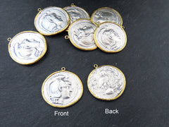 Greek Coin Pendant Gold Frame Bezel, Athena and Owl Amphora Coin, Medallion Charm, Ancient Greek Coin, Shiny Gold, Antique Silver Plated