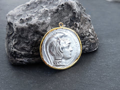 Greek Coin Pendant Gold Frame Bezel, Athena and Owl Amphora Coin, Medallion Charm, Ancient Greek Coin, Shiny Gold, Antique Silver Plated