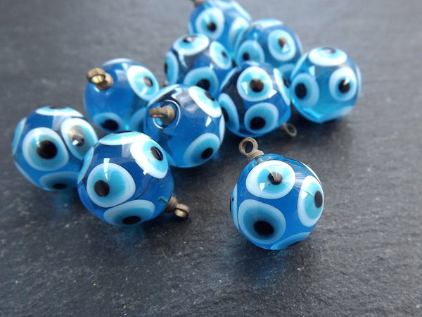 Glass Evil Eye Charm Pendant, Blue Round Ball Evil Eye, Round Ball Lampwork Murano, Amulet, Protective, Lucky, Handmade, 1pc