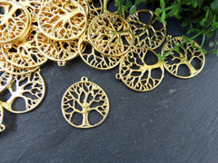 Tree of Life Pendant Charm, Family Tree, Necklace Pendant, Earring Components, 22k Matte Gold Plated 2pc