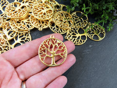 Tree of Life Pendant Charm, Family Tree, Necklace Pendant, Earring Components, 22k Matte Gold Plated 2pc