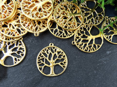 Tree of Life Pendant Charm, Family Tree, Necklace Pendant, Earring Components, 22k Matte Gold Plated 2pc