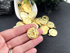 Merman Triton Coin Pendants Charms, Son Of Poseidon Coin, Replica Coin, Greek Mythology, 22k Matte Gold Plated, 2pc